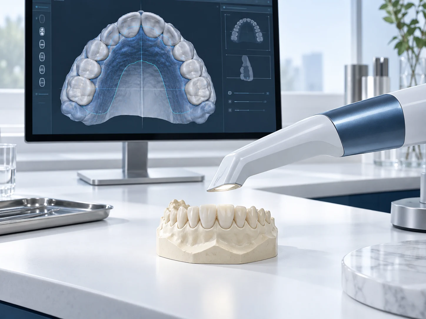 Editorial depiction of an intraoral scanner, dental model and digital arch scan