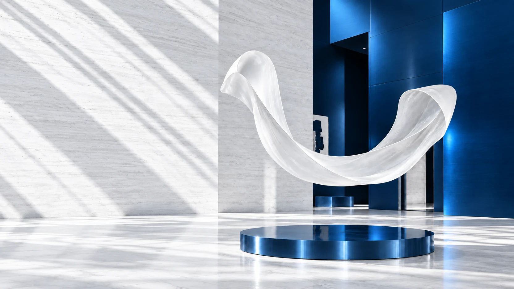 Abstract translucent porcelain installation in a blue stainless gallery, editorial artwork