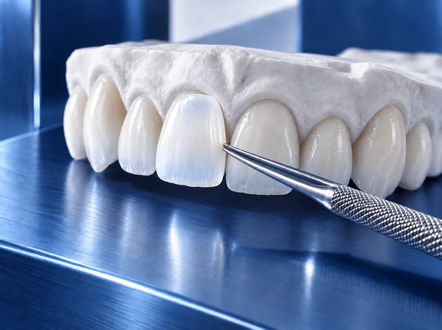 Ceramic veneer fitted to a front-tooth dental model