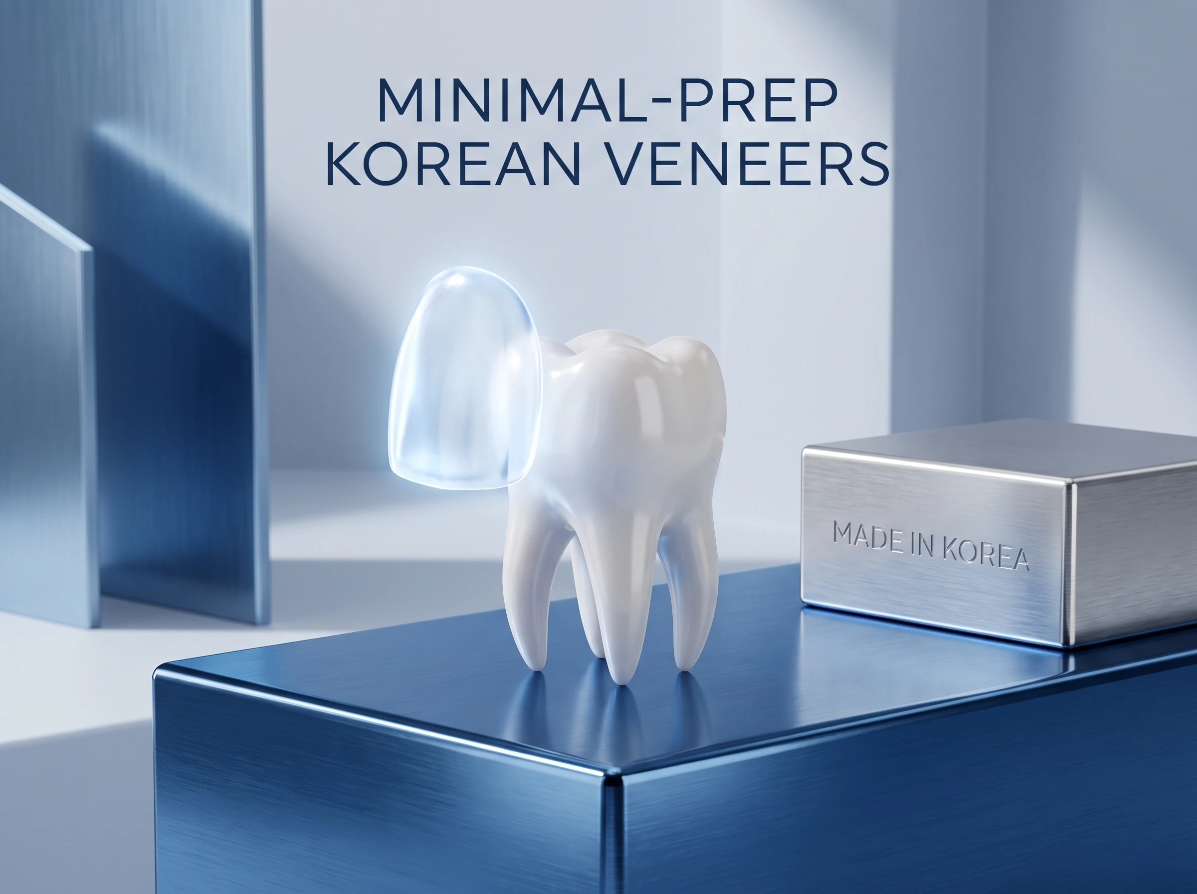 Illustration of an ultra-thin veneer next to a tooth on blue stainless steel